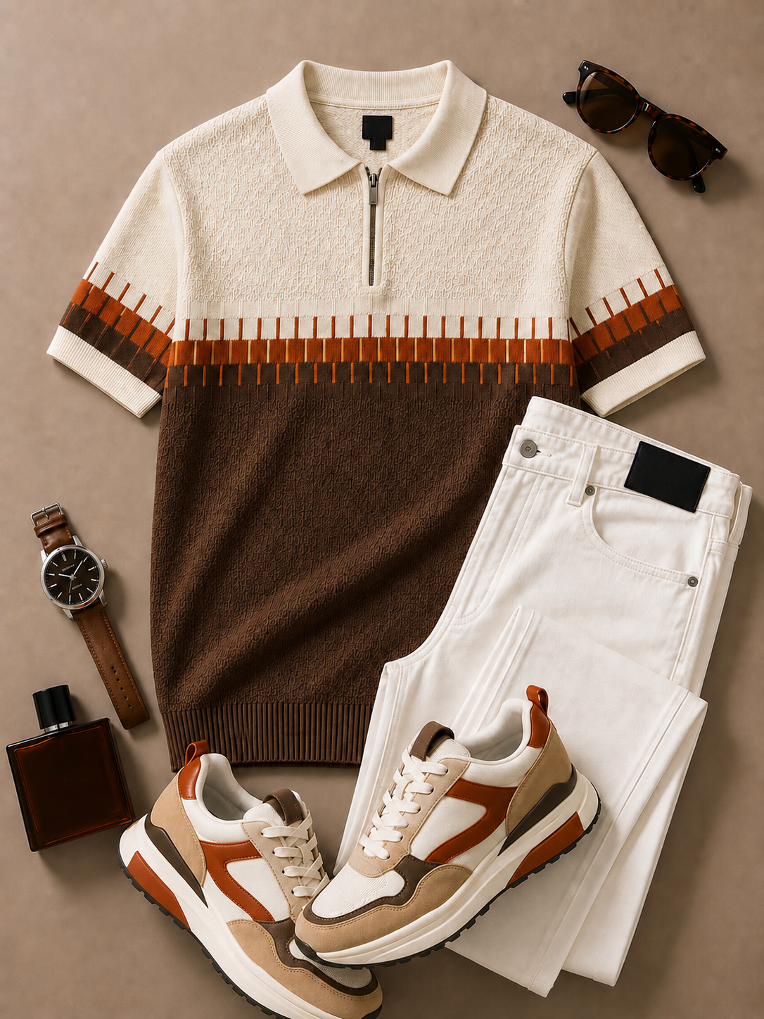 para hombre Brown Cream Geometric tejido Polo & Ivory pantalón 2 Piece Set