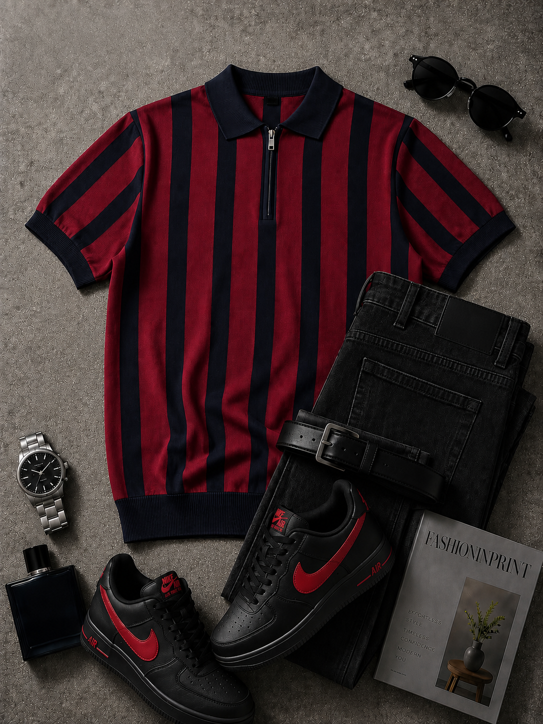 para hombre Red Black a rayas Quarter Zip tejido Polo & Black pantalón 2 Piece Set