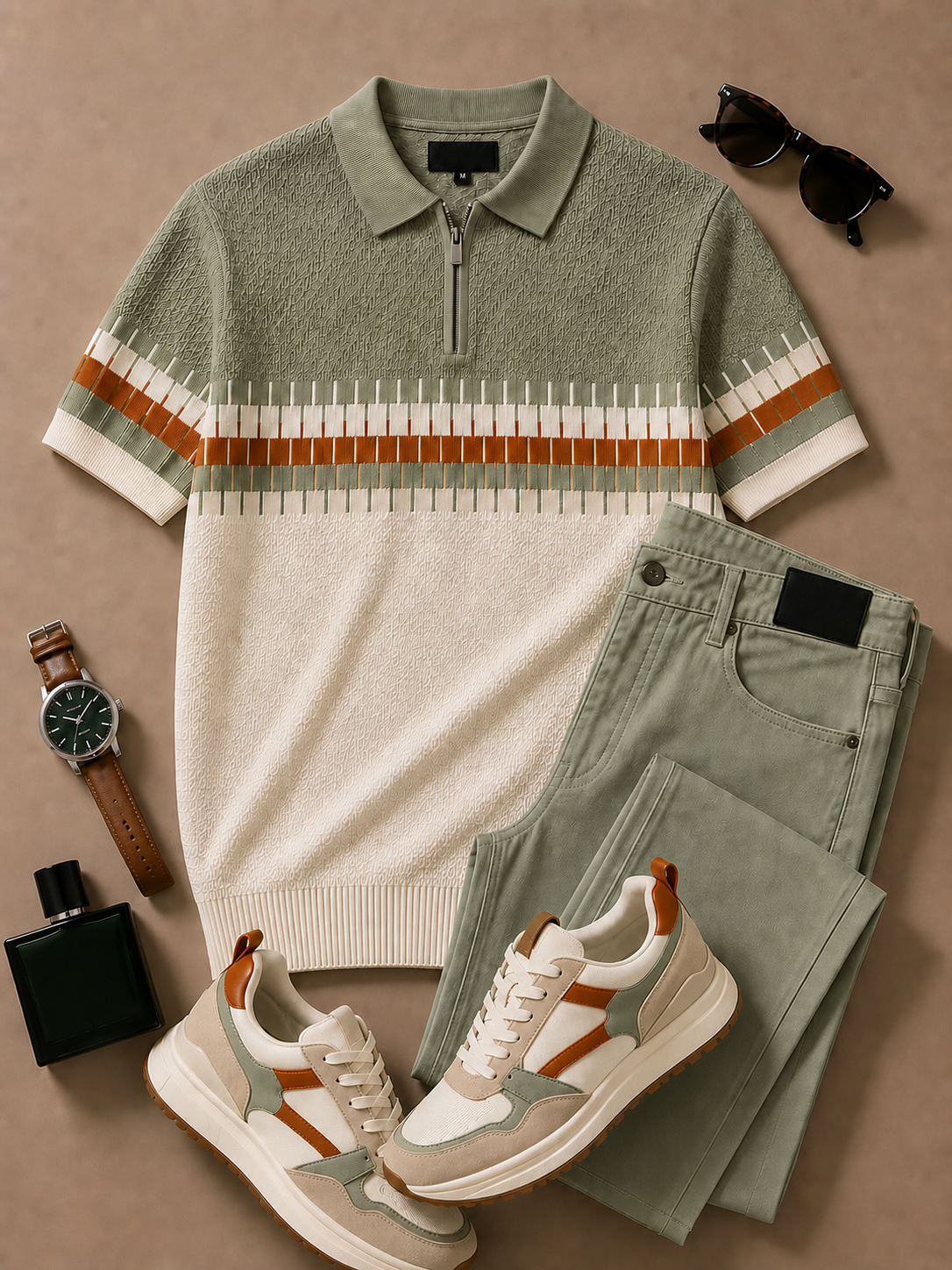 para hombre Sage Cream Geometric tejido Polo & Sage pantalón 2 Piece Set