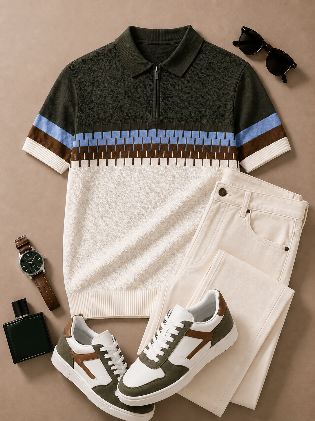 para hombre Dark Green Cream Geometric tejido Polo & Ivory pantalón 2 Piece Set
