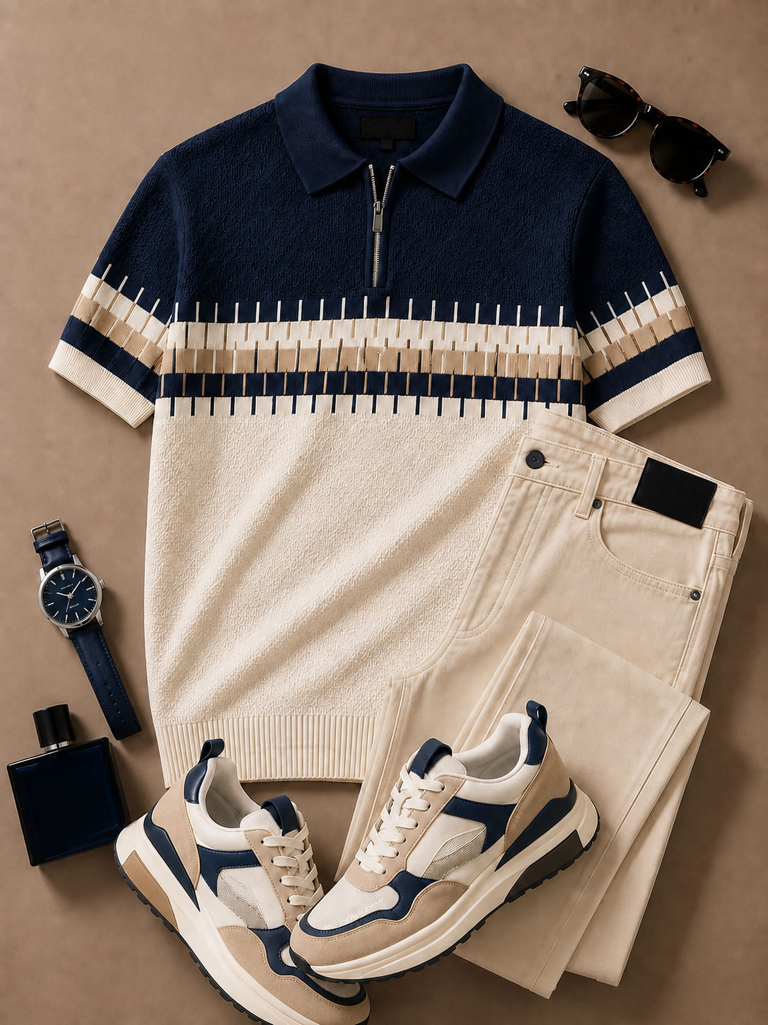 para hombre Navy Cream Geometric tejido Polo & Beige pantalón 2 Piece Set