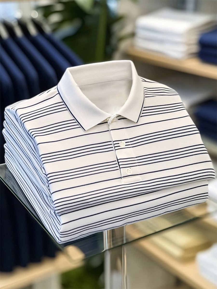 Camisa polo ejecutivo casual a rayas Button de manga corta para hombre