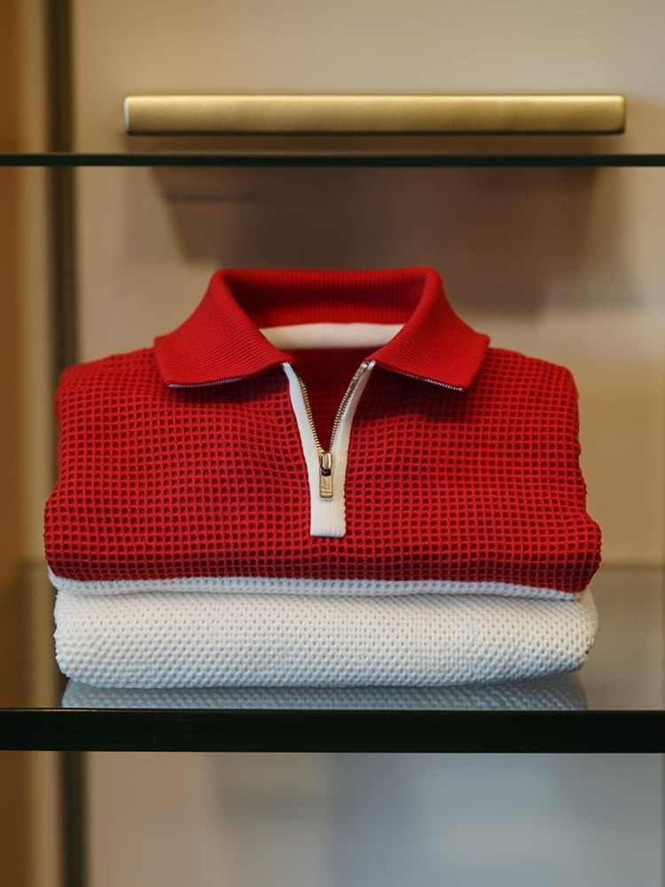 Ejecutivo casual Logo Waffle con cierre de manga corta Polo para hombre