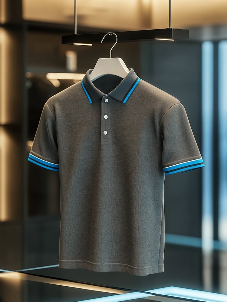Camisa polo ejecutivo casual Grey a rayas Button de manga corta para hombre