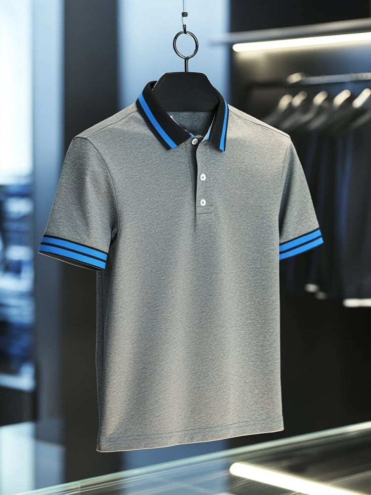 Camisa polo ejecutivo casual Grey a rayas Button de manga corta para hombre