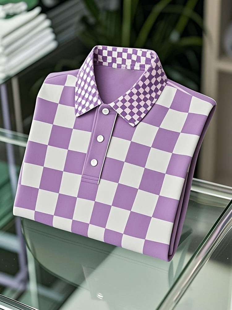 Camisa polo ejecutivo casual Checkerboard Button de manga corta para hombre