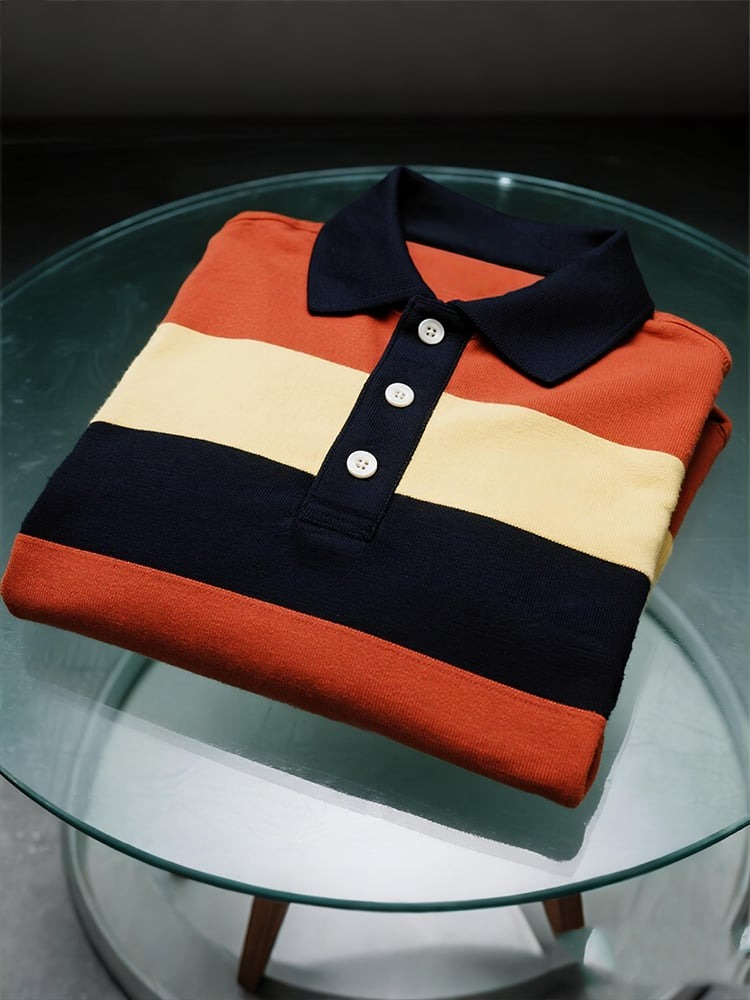 Camisa polo ejecutivo casual Contrast rayas Button de manga corta para hombre