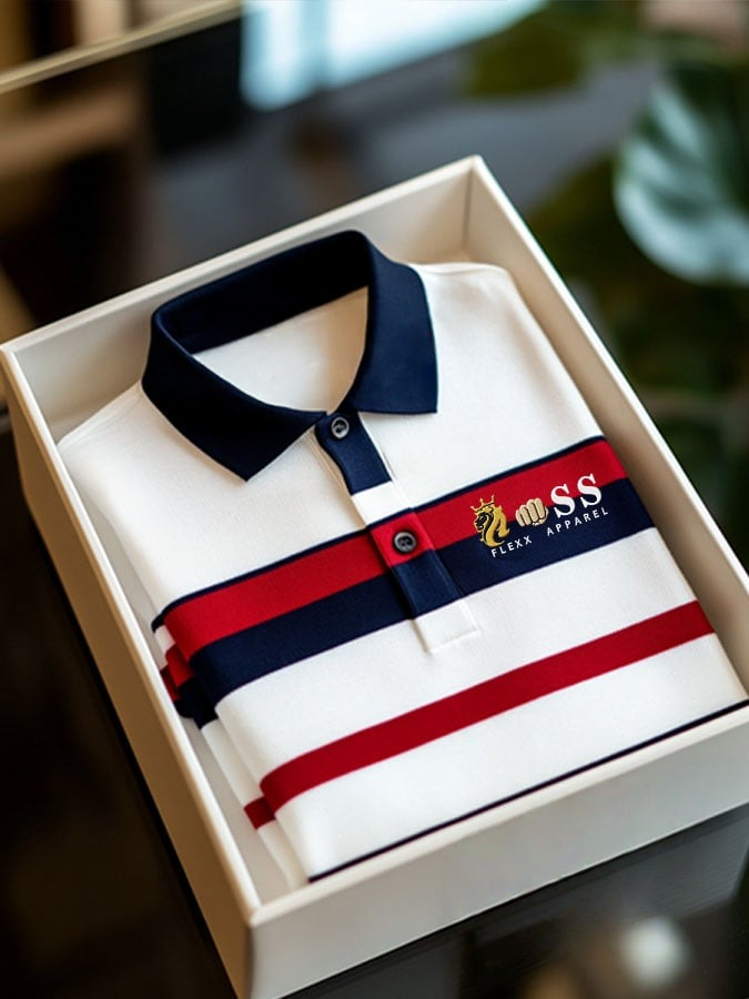 Camisa polo retro Letter Design ejecutivo Contrast rayas solapa de manga corta para hombre