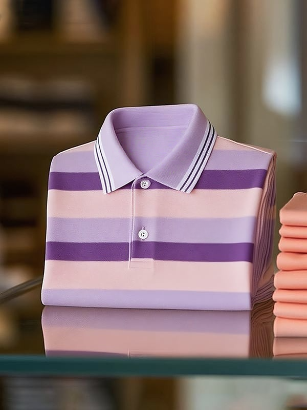 Camisa polo clásico ejecutivo rayas Logo Button de manga corta para hombre