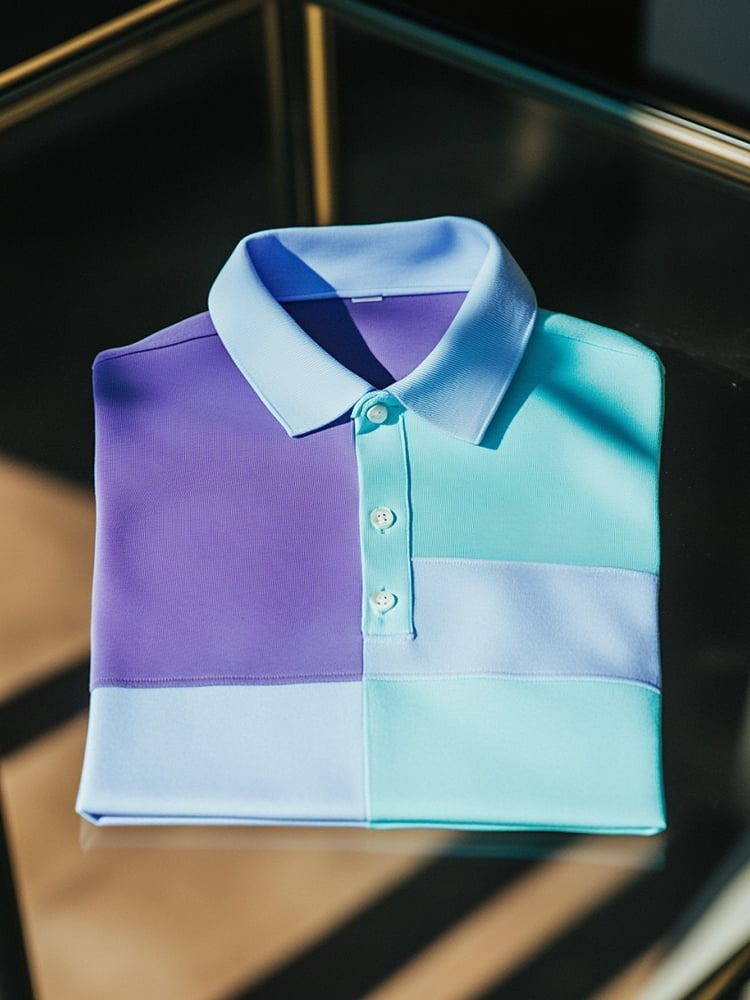 Camisa polo ejecutivo casual Blue Purple Stitched Button de manga corta para hombre