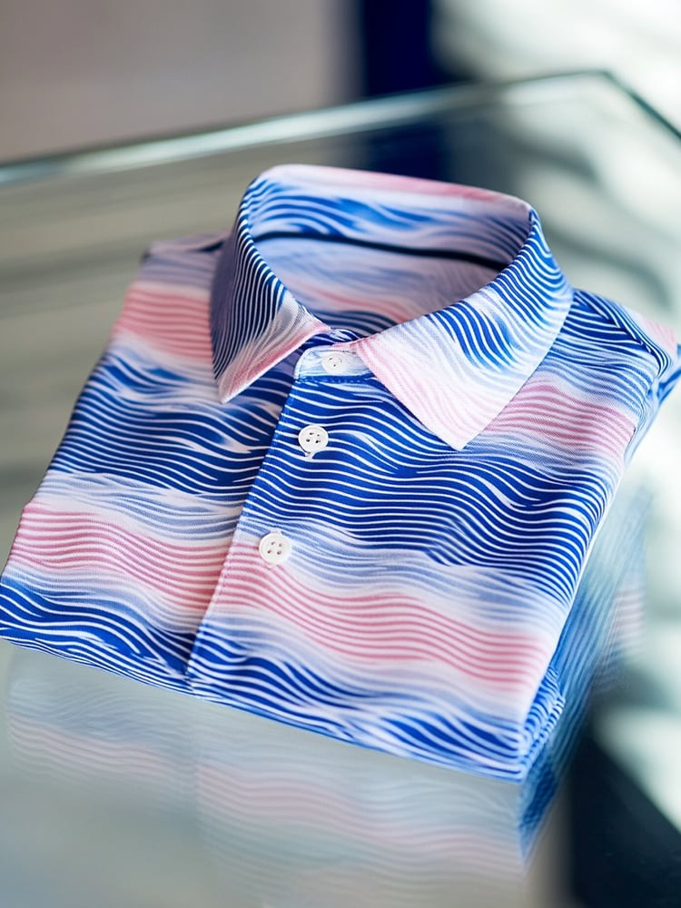 Camisa polo ejecutivo casual Blue and Pink Wave Button de manga corta para hombre
