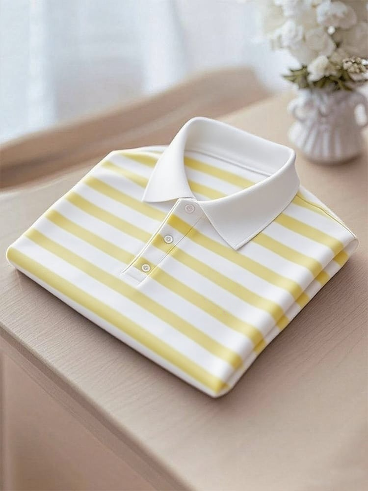 Camisa polo ejecutivo casual Yellow rayas Button de manga corta para hombre