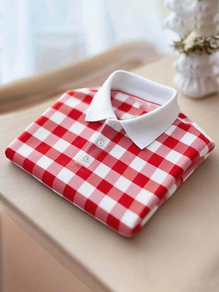 Camisa polo ejecutivo casual Red a cuadros Button de manga corta para hombre