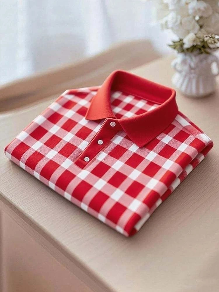 Camisa polo ejecutivo casual Red a cuadros Button de manga corta para hombre