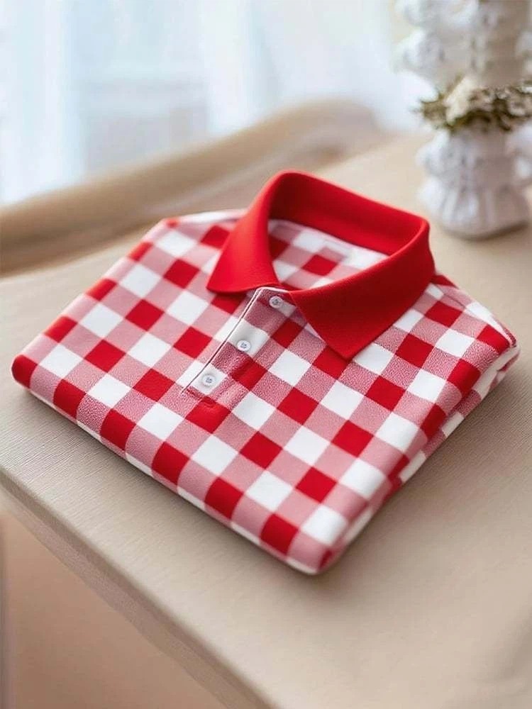Camisa polo ejecutivo casual Red a cuadros Button de manga corta para hombre