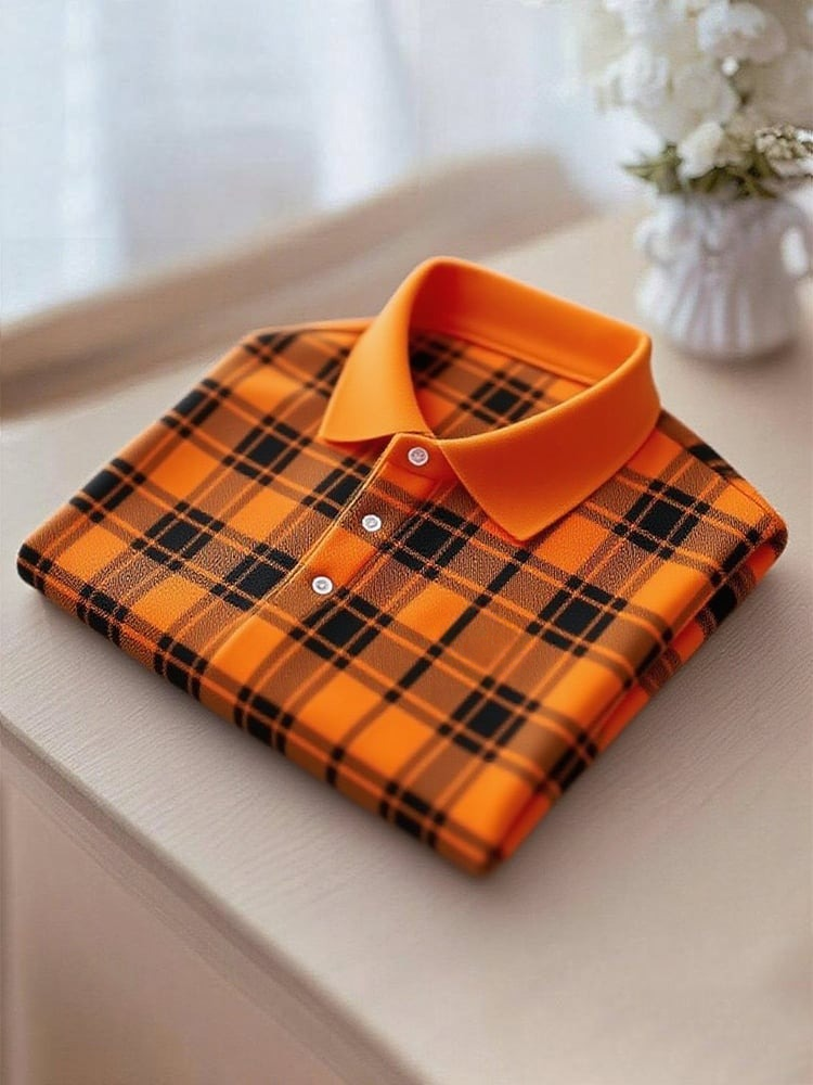 Camisa polo ejecutivo casual a cuadros Button de manga corta para hombre