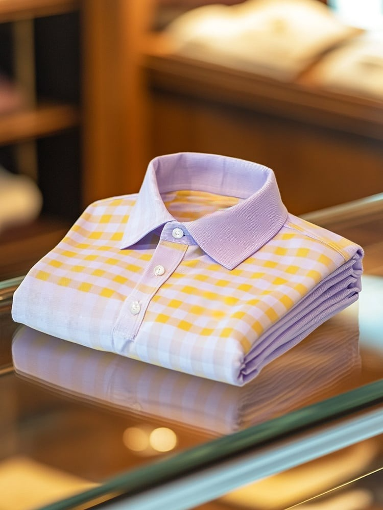 Camisa polo ejecutivo casual Pink and Yellow a cuadros Button de manga corta para hombre