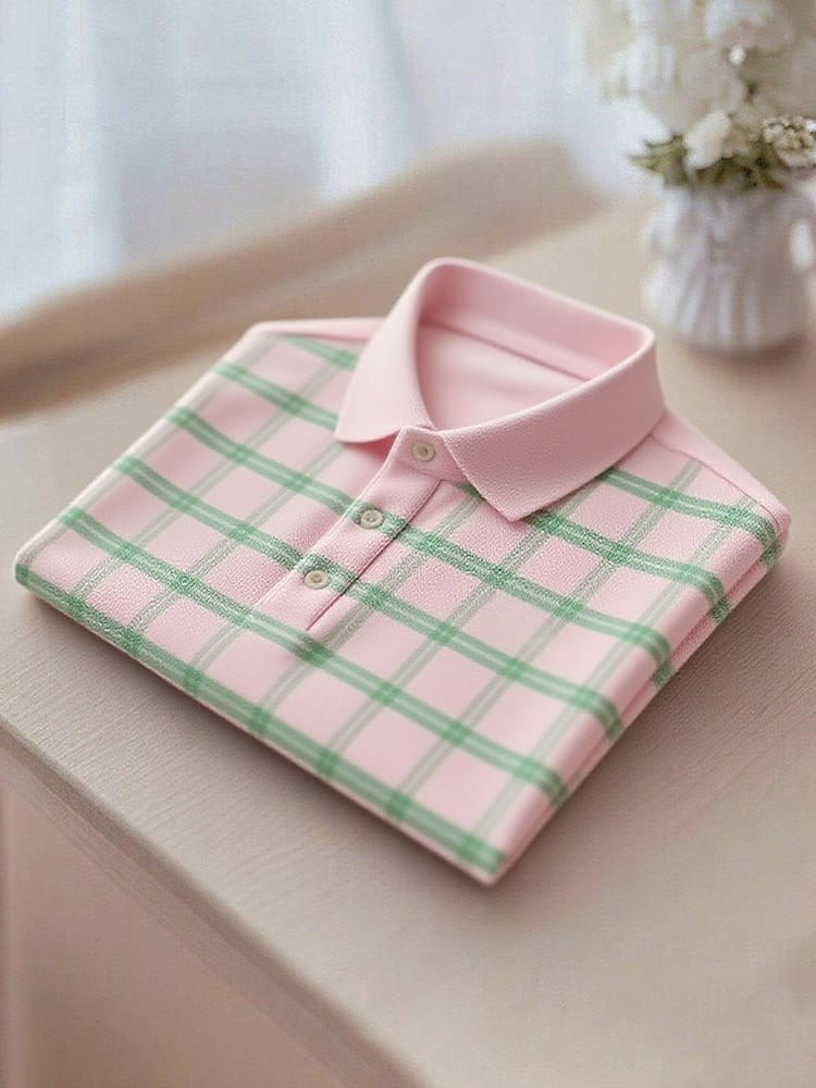 Camisa polo ejecutivo casual Pink Green a cuadros Button de manga corta para hombre