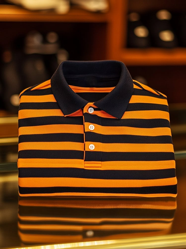 Camisa polo ejecutivo casual Orange rayas Button de manga corta para hombre