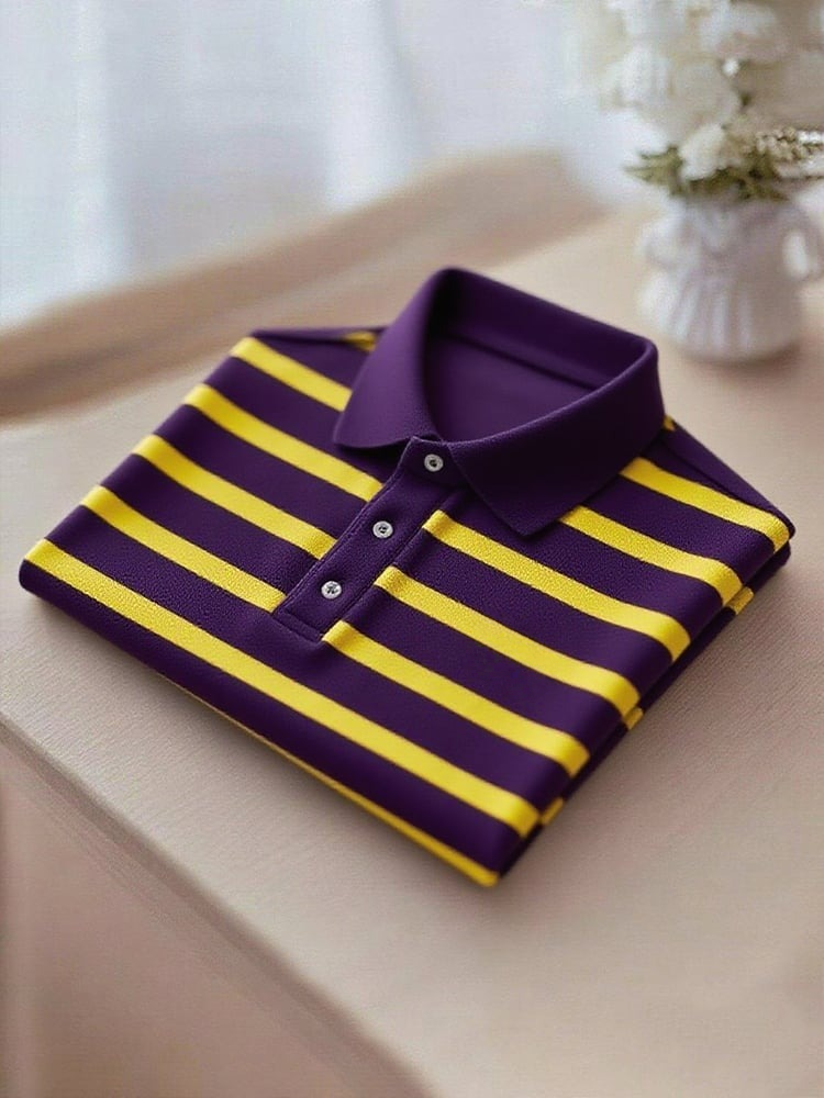 Camisa polo ejecutivo casual Yellow and Purple a rayas Button de manga corta para hombre
