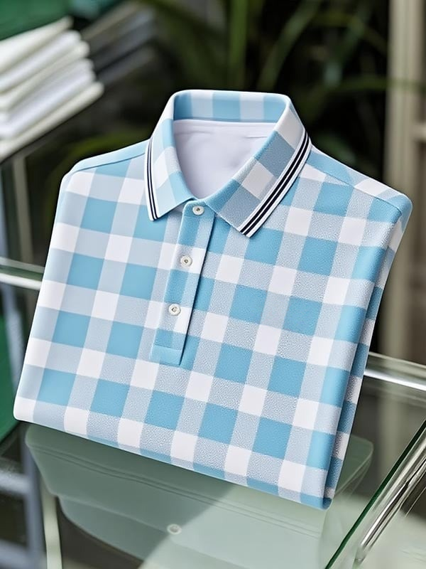 Camisa polo clásico ejecutivo Blue and White Check Logo Button de manga corta para hombre