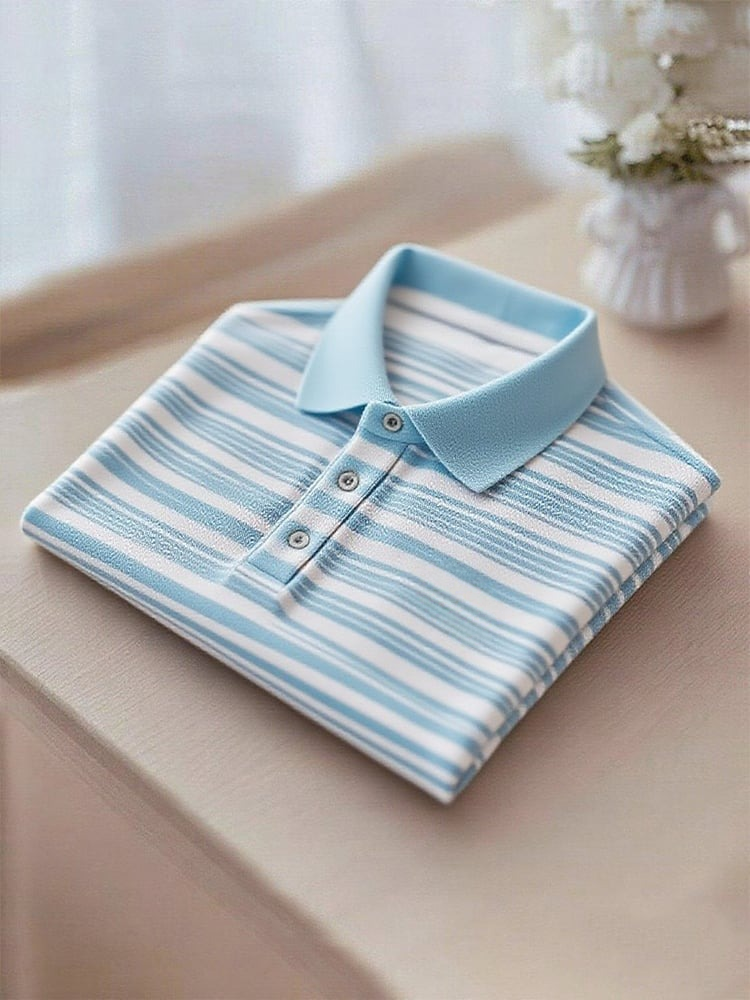 Camisa polo ejecutivo casual Blue rayas Button de manga corta para hombre