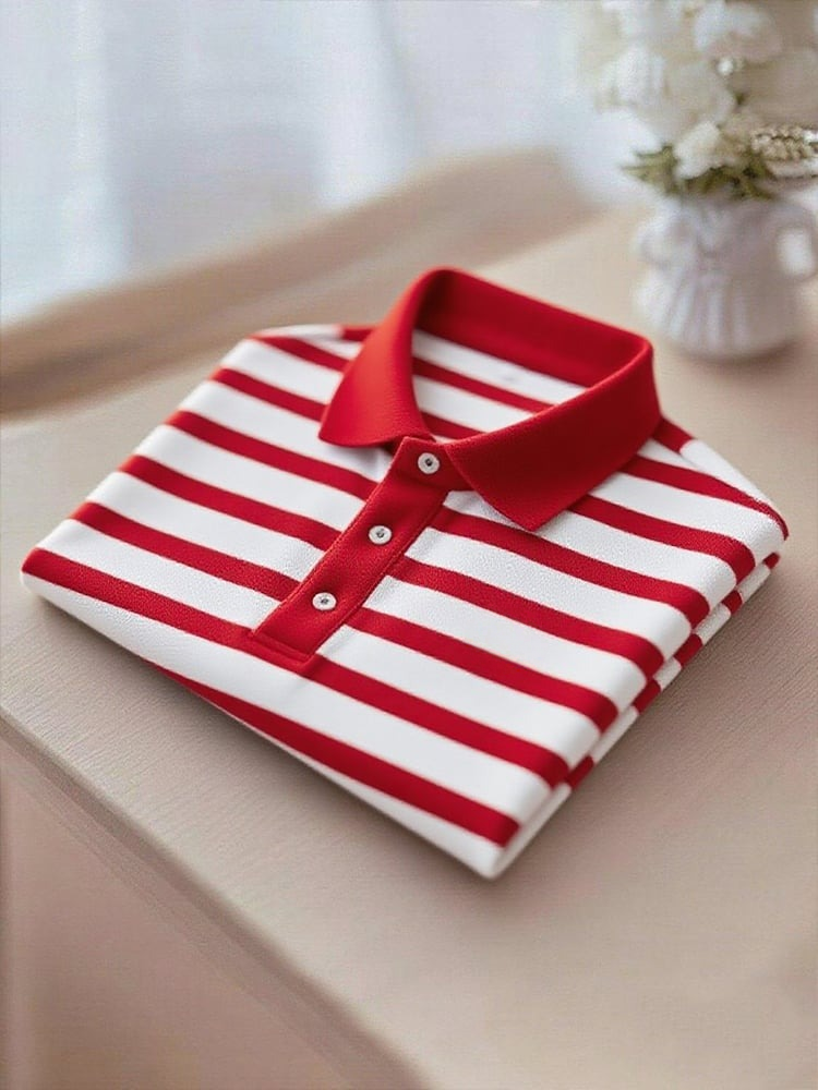 Camisa polo ejecutivo casual Red rayas Button de manga corta para hombre
