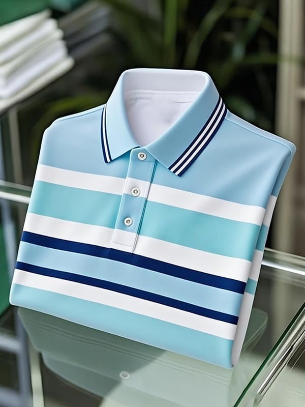 Camisa polo clásico ejecutivo Four-Color rayas Logo Button de manga corta para hombre