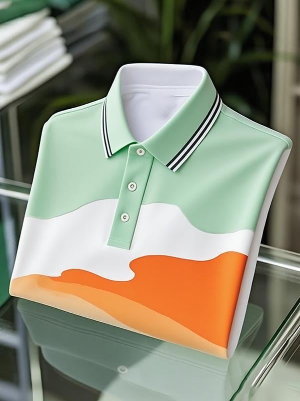 Camisa polo clásico ejecutivo Tricolor Irregular Logo Button de manga corta para hombre
