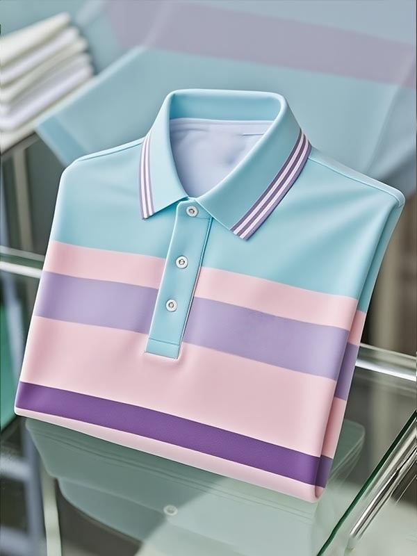 Camisa polo clásico ejecutivo Blue Pink Purple rayas Logo Button de manga corta para hombre