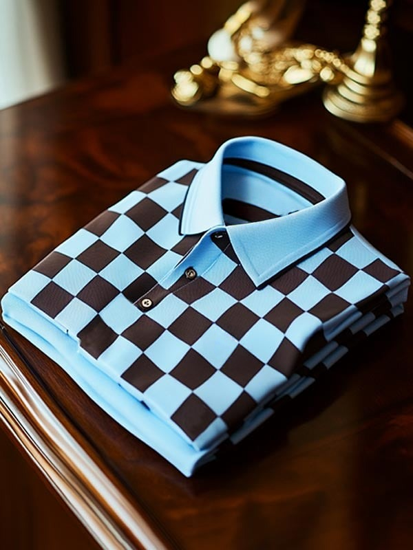 Camisa polo clásico ejecutivo Checkerboard Logo Button de manga corta para hombre