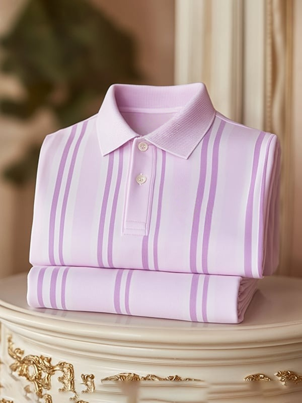 Camisa polo clásico ejecutivo Vertical rayas Logo Button de manga corta para hombre