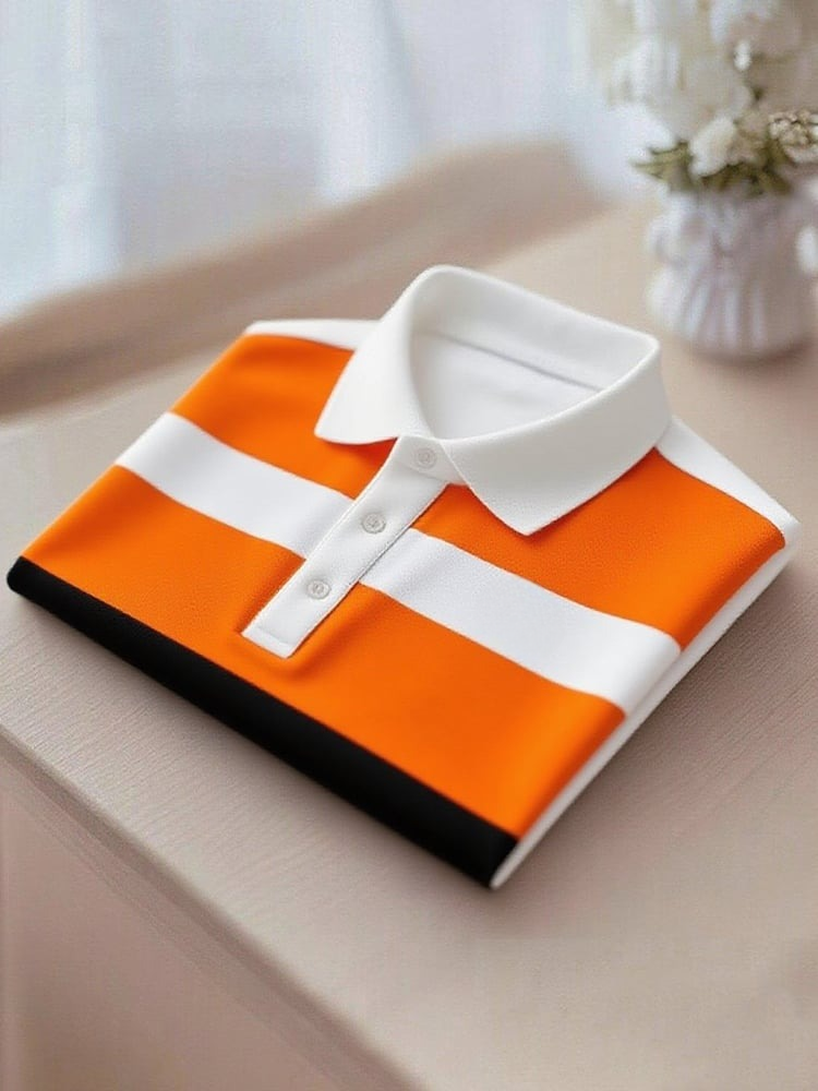 Camisa polo ejecutivo casual Orange and White Block Button de manga corta para hombre