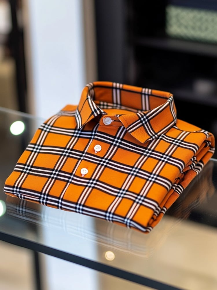 Camisa polo ejecutivo casual Orange a cuadros Button de manga corta para hombre