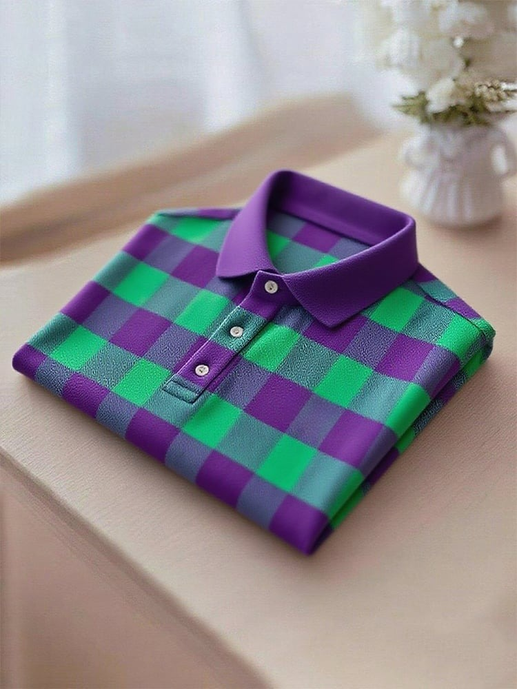Camisa polo ejecutivo casual Purple Green a cuadros Button de manga corta para hombre