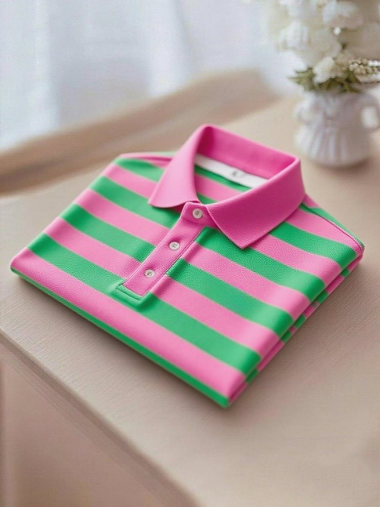 Camisa polo ejecutivo casual Pink and Green a rayas Button de manga corta para hombre