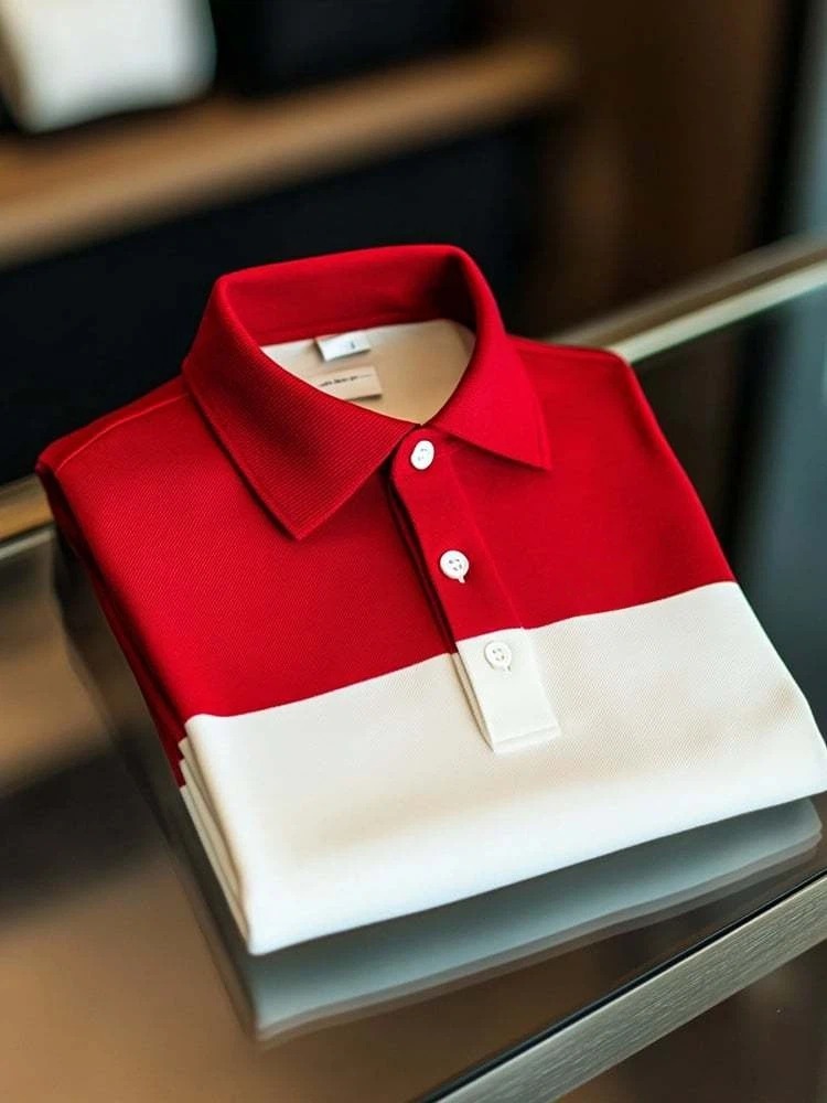 Camisa polo ejecutivo casual White and Red Block Button de manga corta para hombre