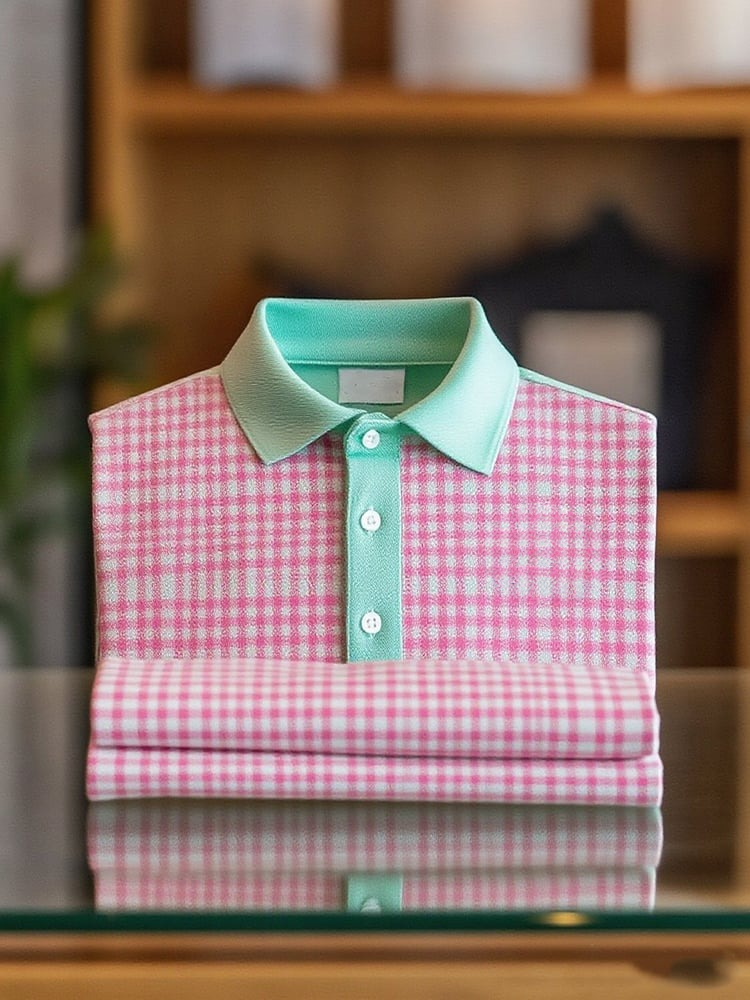 Camisa polo ejecutivo casual a cuadros Button de manga corta para hombre