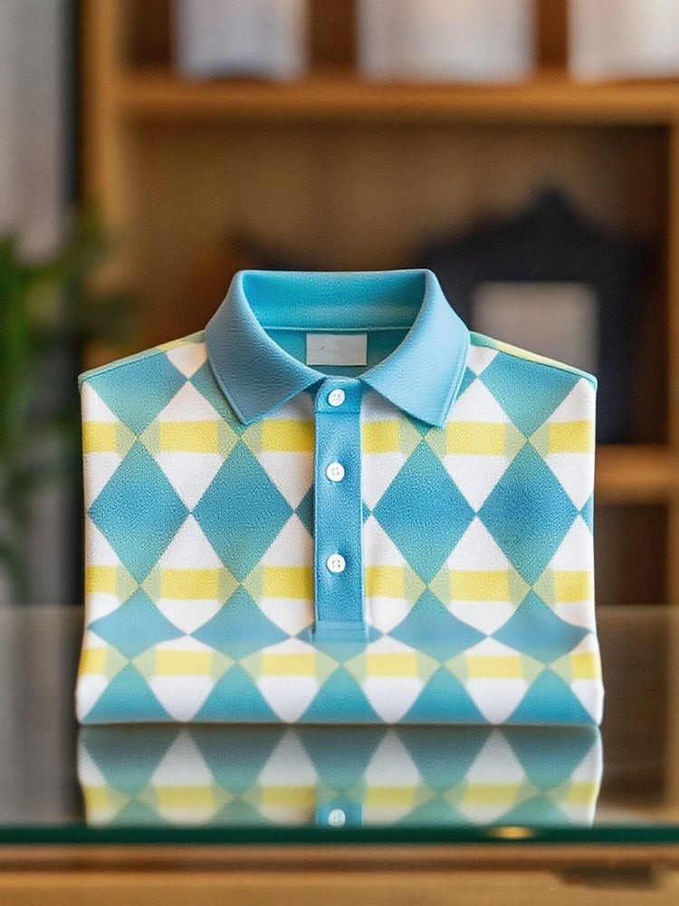 Camisa polo ejecutivo casual Grid Button de manga corta para hombre