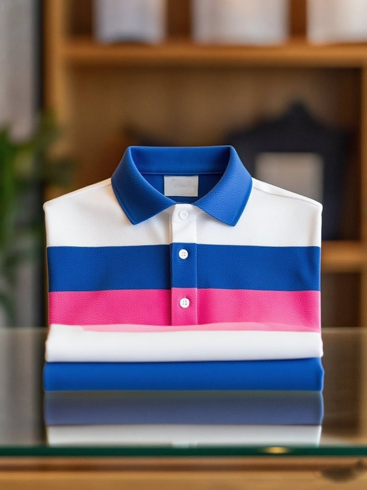 Camisa polo ejecutivo casual Blue, White and Pink a rayas Button de manga corta para hombre