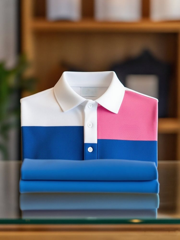 Camisa polo ejecutivo casual Blue White Pink Block Button de manga corta para hombre