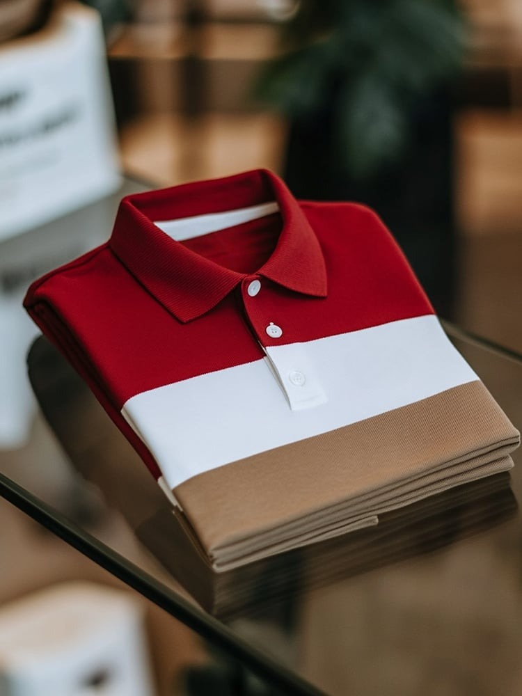 Camisa polo ejecutivo casual White and Red Block Button de manga corta para hombre