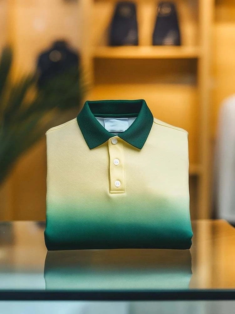 Camisa polo ejecutivo casual Yellow Green degradado Button de manga corta para hombre