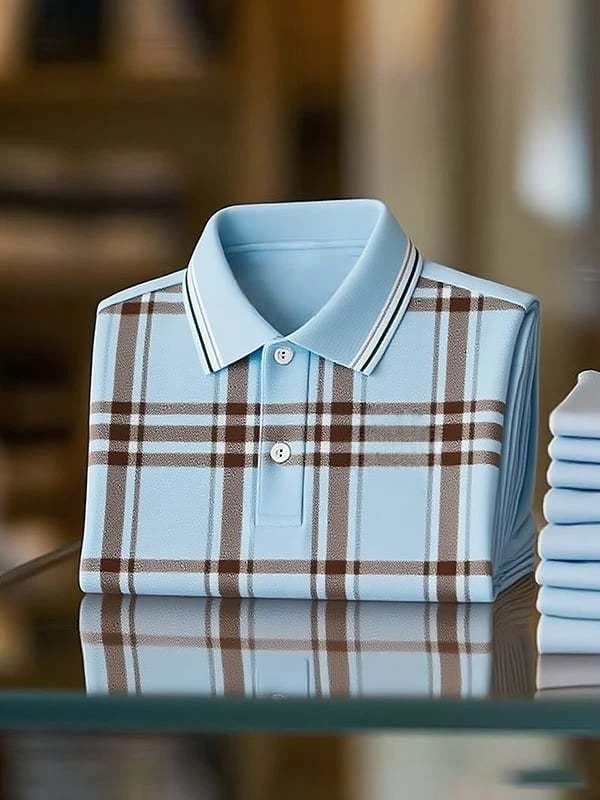 Camisa polo ejecutivo clásico Blue and Grey Check Logo de manga corta para hombre