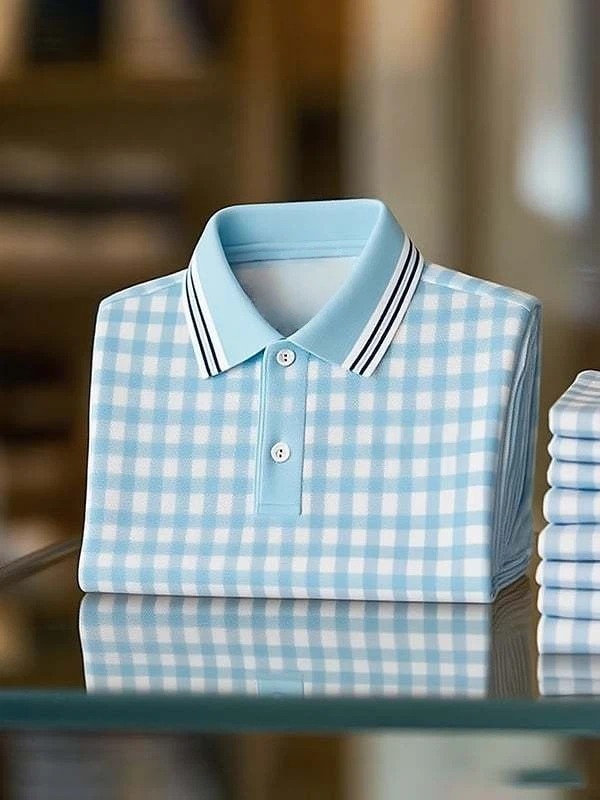 Camisa polo ejecutivo clásico Blue and White Check Logo de manga corta para hombre