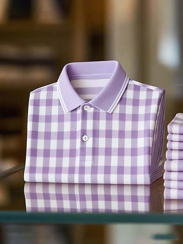 Camisa polo ejecutivo clásico Purple and White Check Logo Button de manga corta para hombre