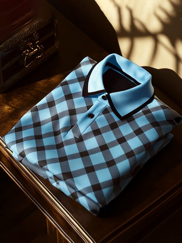 Camisa polo ejecutivo clásico Blue and Black Diamond Logo Button de manga corta para hombre