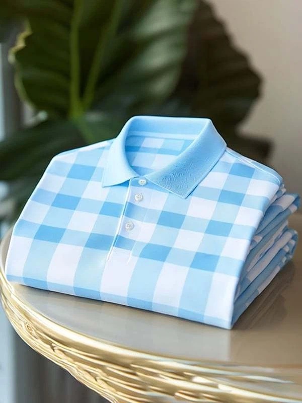 Camisa polo clásico Blue and White Check Logo de manga corta para hombre