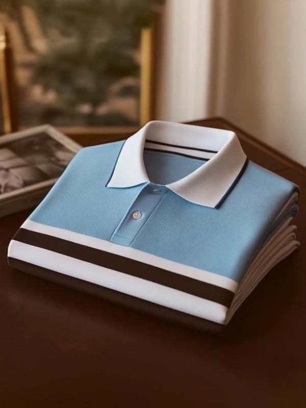 Camisa polo clásico Tricolor rayas Logo de manga corta para hombre