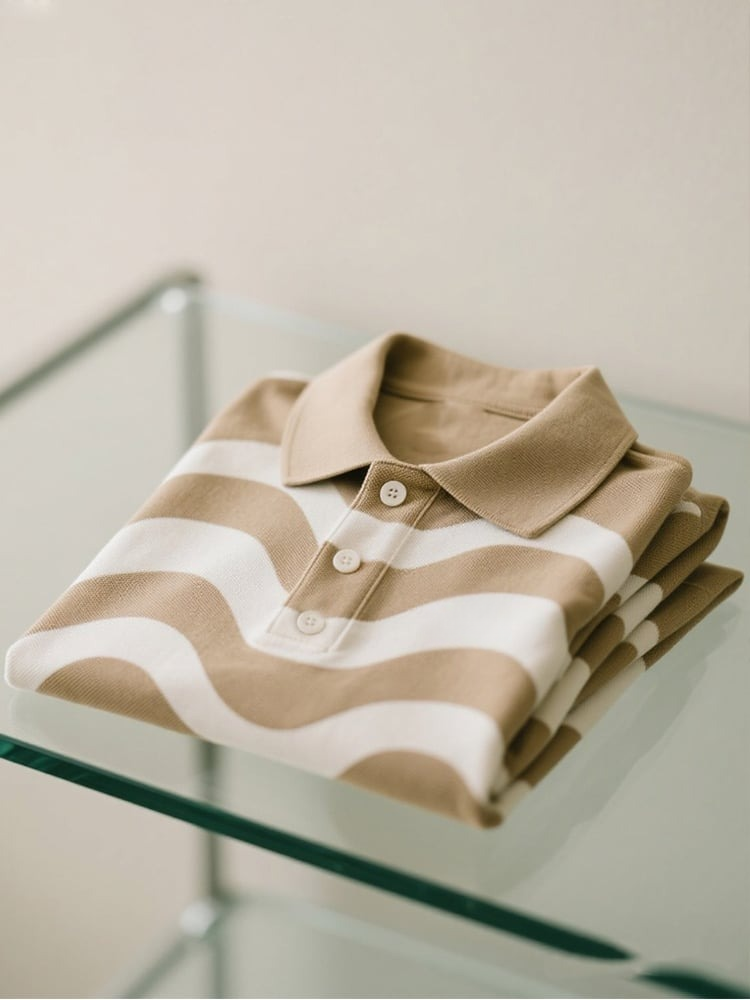 Camisa polo ejecutivo casual Wavy a rayas Button de manga corta para hombre
